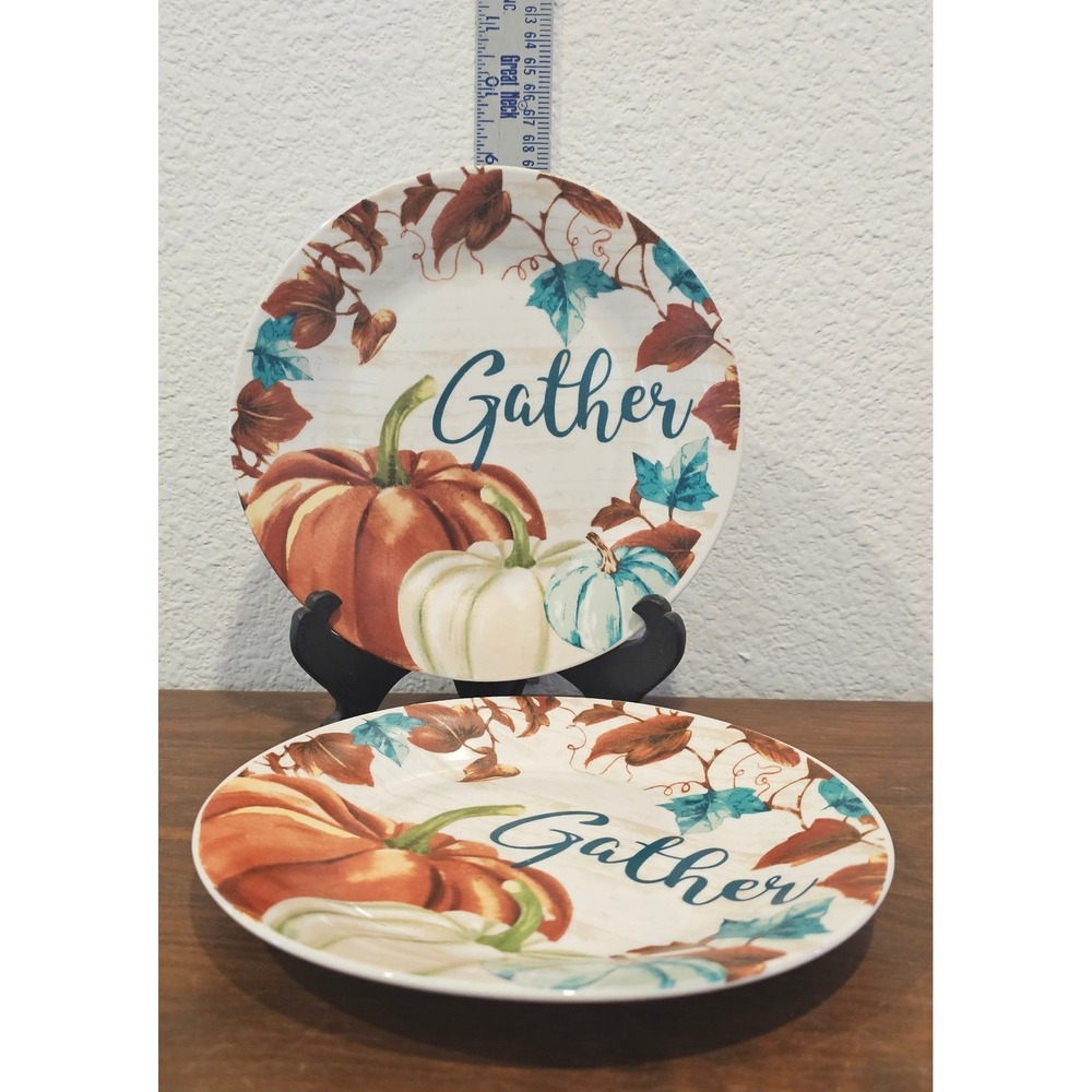 Royal Norfolk Fall Pumpkin Gather Plates Set of 2 Thanksgiving Stoneware Teal